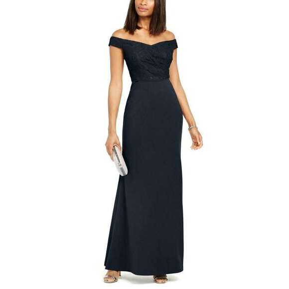 Adrianna Papell Navy Lace Off Shoulder Formal Evening Cocktail Prom Dress, 2 - Picture 1 of 13